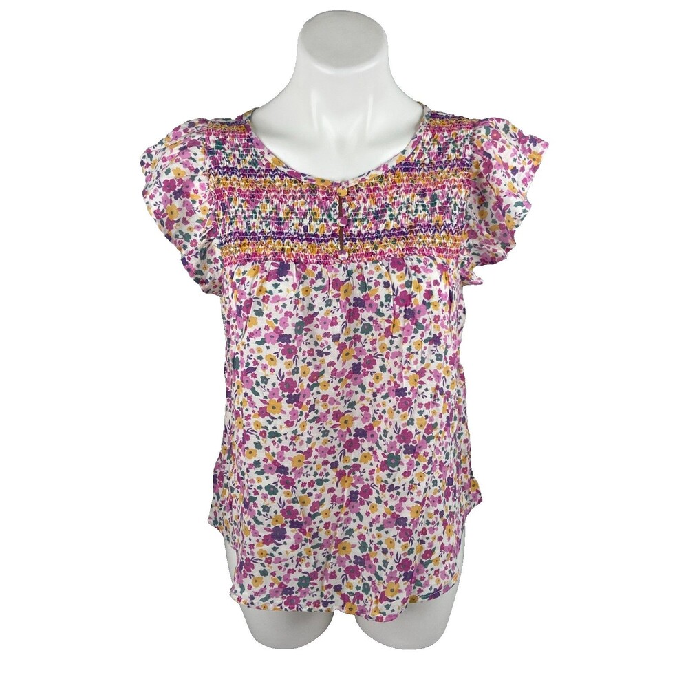Mine Women Medium Smocked Yoke Top Colorful Floral Casual NWT